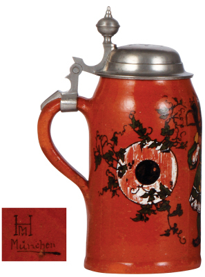 Two steins, stoneware, .5L, transfer & hand-painted, by Martin Pauson, München, pewter lid, mint; with, terra cotta stein, 1.0L, marked H M, München, hand-painted, pewter lid, small glaze chips on handle & edges. - 4