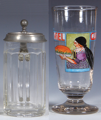 Two glass items, stein, .5L, pressed, relief pewter lid: Düsseldorfer Bürgerbräu, mint; with, beaker, .5L, blown, transfer & handpainted, Viel Glück, signed F. Ringer, mint.