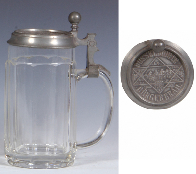 Two glass items, stein, .5L, pressed, relief pewter lid: Düsseldorfer Bürgerbräu, mint; with, beaker, .5L, blown, transfer & handpainted, Viel Glück, signed F. Ringer, mint. - 2