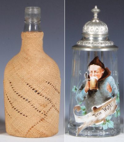 Two glass items, 8.9'' ht., clear, basket weave applied to exterior surface, screw top on bottle & woven rope handle missing; with, stein, .5L, blown, transfer & hand-painted, Dein Wohl!, pewter lid, mint.