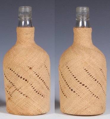 Two glass items, 8.9'' ht., clear, basket weave applied to exterior surface, screw top on bottle & woven rope handle missing; with, stein, .5L, blown, transfer & hand-painted, Dein Wohl!, pewter lid, mint. - 2