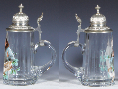 Two glass items, 8.9'' ht., clear, basket weave applied to exterior surface, screw top on bottle & woven rope handle missing; with, stein, .5L, blown, transfer & hand-painted, Dein Wohl!, pewter lid, mint. - 3