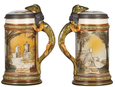 Two Mettlach steins, .5L, 2373, etched, inlaid lid, new alligator's head; with, .5L, 1379, etched, inlaid lid, poorly repaired 3'' hairline in rear. - 2