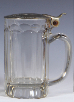 Two glass steins, .5L, pressed, pewter lid: Bismarck, mint; with, .5L, blown, porcelain inlaid lid, scenes inside & outside, pewter rim has some roughness, otherwise mint. - 2