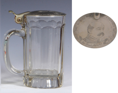 Two glass steins, .5L, pressed, pewter lid: Bismarck, mint; with, .5L, blown, porcelain inlaid lid, scenes inside & outside, pewter rim has some roughness, otherwise mint. - 3