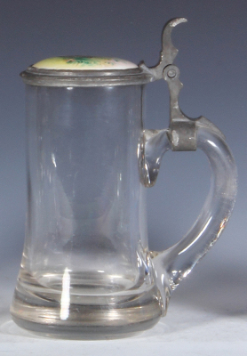 Two glass steins, .5L, pressed, pewter lid: Bismarck, mint; with, .5L, blown, porcelain inlaid lid, scenes inside & outside, pewter rim has some roughness, otherwise mint. - 4