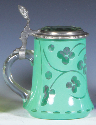 Two glass steins, .5L, blown, clear, green painted overlay, cut clear glass inlaid lid, pewter polished, otherwise mint; with, .5L, blown, clear, crushed glass finish, hand-painted, Johannisbad, matching glass inlaid lid, mint. - 3