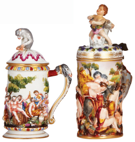 Two porcelain steins, .5L, 8.7" ht., hand-painted & relief, marked N with crown, Capo-di-Monte, set-on lid, with monkey finial, shallow top rim chip; with, 1.0L, 11.1" ht., hand-painted & relief, marked N with crown, Capo-di-Monte, porcelain lid, goat hor