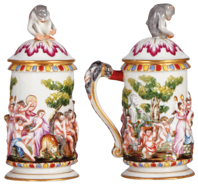 Two porcelain steins, .5L, 8.7" ht., hand-painted & relief, marked N with crown, Capo-di-Monte, set-on lid, with monkey finial, shallow top rim chip; with, 1.0L, 11.1" ht., hand-painted & relief, marked N with crown, Capo-di-Monte, porcelain lid, goat hor - 2