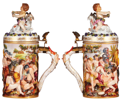 Two porcelain steins, .5L, 8.7" ht., hand-painted & relief, marked N with crown, Capo-di-Monte, set-on lid, with monkey finial, shallow top rim chip; with, 1.0L, 11.1" ht., hand-painted & relief, marked N with crown, Capo-di-Monte, porcelain lid, goat hor - 3