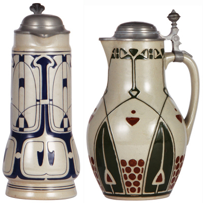 Two stoneware steins, 12.0'' ht., relief, marked 1690, made by Marzi & Remy, designed by Karl Görig, blue glaze, Art Nouveau, pewter lid, mint; with, 11.8'' ht., relief, marked 512, made by Reinhold Merkelbach, designed by Joseph Hahn, blue & green glazes