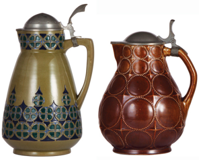 Two stoneware steins, 12.3'' ht., relief, marked 173, green & blue glazes, Art Nouveau, pewter lid, mint; with, 10.6'' ht., relief, marked 2179, made by Reinhold Merkelbach, designed by Paul Wynand, brown saltglaze, Art nouveau, pewter lid, mint.