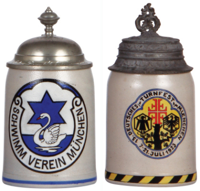 Two stoneware steins, .5L, transfer & hand-painted, Schwimm Verein München, pewter lid, mint; with, .5L, transfer & hand-painted, marked M. & W. Gr. 13. Deutsches Turnfest München, Juli 1923, relief pewter lid: Vater Jahn, repaired pewter strap, mint.