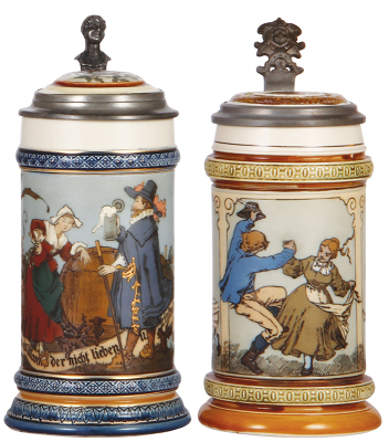 Two Mettlach steins, .5L, 2230, etched, inlaid lid, fair repair of inlay; with, .5L, 1162, etched, inlaid lid, 2'' hairline in rear.