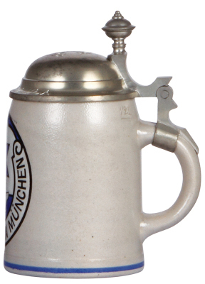 Two stoneware steins, .5L, transfer & hand-painted, Schwimm Verein München, pewter lid, mint; with, .5L, transfer & hand-painted, marked M. & W. Gr. 13. Deutsches Turnfest München, Juli 1923, relief pewter lid: Vater Jahn, repaired pewter strap, mint. - 2