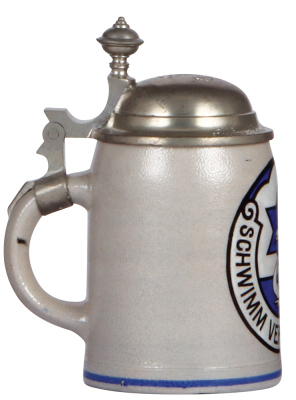 Two stoneware steins, .5L, transfer & hand-painted, Schwimm Verein München, pewter lid, mint; with, .5L, transfer & hand-painted, marked M. & W. Gr. 13. Deutsches Turnfest München, Juli 1923, relief pewter lid: Vater Jahn, repaired pewter strap, mint. - 3