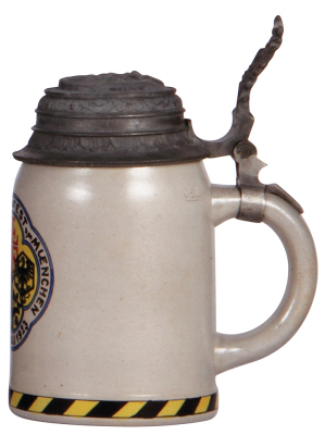 Two stoneware steins, .5L, transfer & hand-painted, Schwimm Verein München, pewter lid, mint; with, .5L, transfer & hand-painted, marked M. & W. Gr. 13. Deutsches Turnfest München, Juli 1923, relief pewter lid: Vater Jahn, repaired pewter strap, mint. - 4