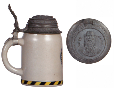 Two stoneware steins, .5L, transfer & hand-painted, Schwimm Verein München, pewter lid, mint; with, .5L, transfer & hand-painted, marked M. & W. Gr. 13. Deutsches Turnfest München, Juli 1923, relief pewter lid: Vater Jahn, repaired pewter strap, mint. - 5