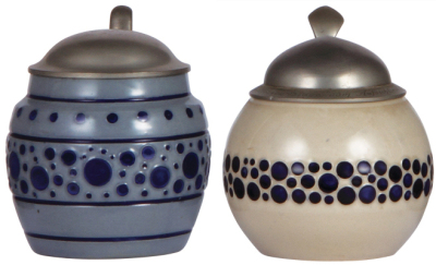 Two stoneware steins, .5L, relief, marked Wick Werke on base, marked 2123 or 2128 under handle, possibly designed by R. Riemerschmid, blue glaze, Art Nouveau, pewter lid, mint; with, .5L, relief, marked 507, made by Reinhold Merkelbach, designed by L.M.K.