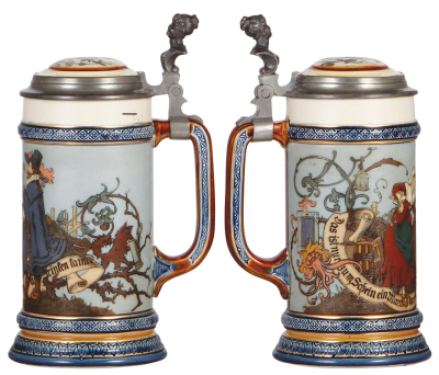 Two Mettlach steins, .5L, 2230, etched, inlaid lid, fair repair of inlay; with, .5L, 1162, etched, inlaid lid, 2'' hairline in rear. - 2