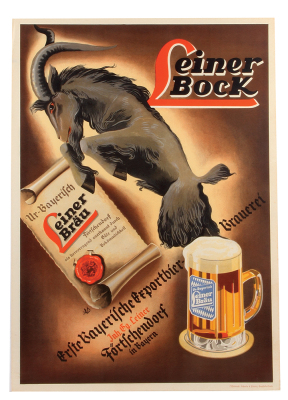 Leiner Bock Bräu lithograph, 24.7" x 17.6", printed on paper, marked Offsetdruck: Schaede & Friebel, Saalfeld- Saale, vertical crease on top left, almost unused. 