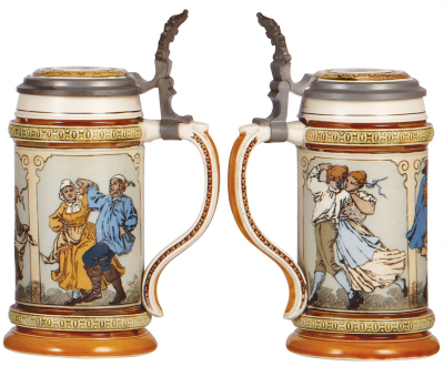 Two Mettlach steins, .5L, 2230, etched, inlaid lid, fair repair of inlay; with, .5L, 1162, etched, inlaid lid, 2'' hairline in rear. - 3