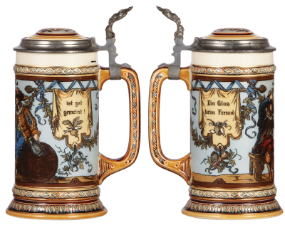 Two Mettlach steins, 1.0L, 1932, etched, inlaid lid, by C. Warth, 3" tight crack in rear; with, 1.0L, 2778, etched, inlaid lid, by H. Schlitt, faint line on handle. - 2