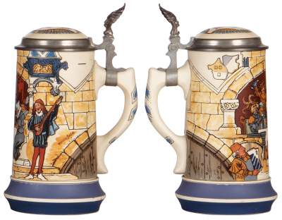 Two Mettlach steins, 1.0L, 1932, etched, inlaid lid, by C. Warth, 3" tight crack in rear; with, 1.0L, 2778, etched, inlaid lid, by H. Schlitt, faint line on handle. - 3