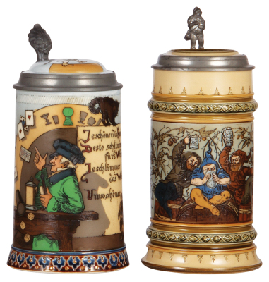 Two Mettlach steins, 1.0L, 2090, etched, inlaid lid, by H. Schlitt, fair repair to top rim chip; with, 1.0L, 1053, etched, inlaid lid, crack around base, 1" base rim chip.