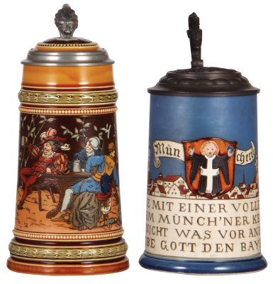 Two Mettlach steins, 1.0L, 1527, etched, by C. Warth, inlaid lid, good base chip repair; with, 1.0L, 2002, etched, original pewter lid; München, mint. 