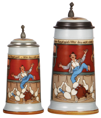 Two Mettlach steins, .5L, & 1.0L, 2959, etched, inlaid lid, .5L is mint, 1.0L has a very small flake on the bottom edge.