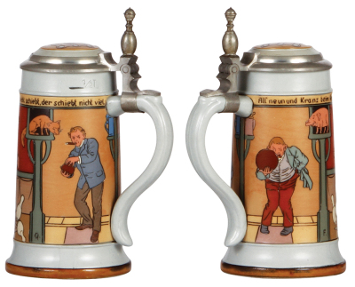 Two Mettlach steins, .5L, & 1.0L, 2959, etched, inlaid lid, .5L is mint, 1.0L has a very small flake on the bottom edge. - 2