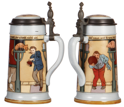 Two Mettlach steins, .5L, & 1.0L, 2959, etched, inlaid lid, .5L is mint, 1.0L has a very small flake on the bottom edge. - 3