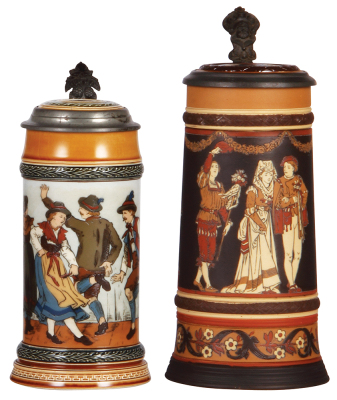 Two Mettlach steins, .5L, 1655, etched, inlaid lid, inlay cracked; with, 1.0L, 2255, etched, inlaid lid, excellent repair to base.