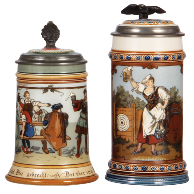 Two Mettlach steins, .5L, 2028, etched, inlaid lid, poorly repaired inlay; with, .5L, 2235, etched, inlaid lid, poorly repaired inlay crack. 