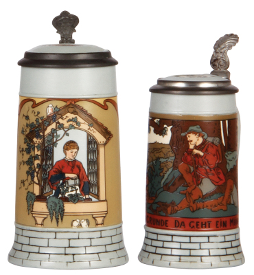 Two Mettlach steins, .5L, 2832, etched, inlaid lid, mint; with, .3L, 2833B, etched, inlaid lid, mint.