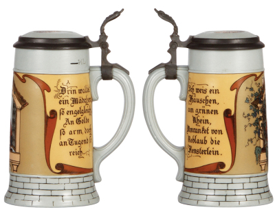 Two Mettlach steins, .5L, 2832, etched, inlaid lid, mint; with, .3L, 2833B, etched, inlaid lid, mint. - 2