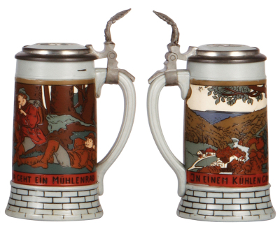 Two Mettlach steins, .5L, 2832, etched, inlaid lid, mint; with, .3L, 2833B, etched, inlaid lid, mint. - 3