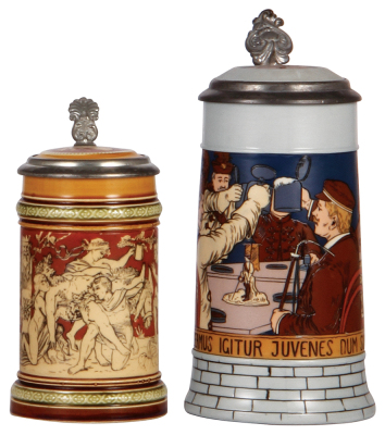 Two Mettlach steins, .3L, 2035, etched, inlaid lid, mint; with, .5L, 2833 F, etched, inlaid lid, mint.