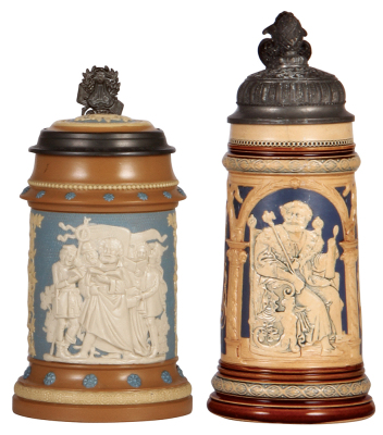 Two Mettlach steins, .5L, 202, relief, inlaid lid, mint; with, .5L, 2130, relief, pewter lid, 1" hairline at top rim.