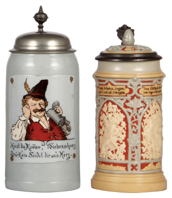 Two Mettlach steins, 1.0L, 1648, etched, tapestry, pewter lid, mint; with, 1.0L, 24, relief, inlaid lid, mint.