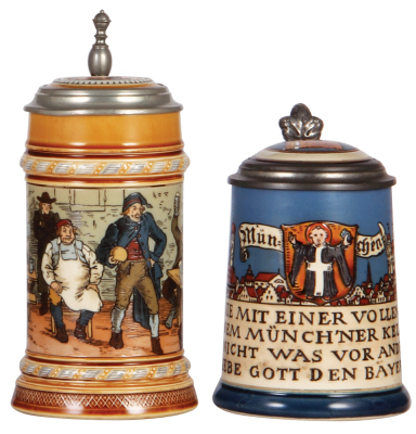 Two Mettlach steins, .5L, 1403, etched, inlaid lid, by C. Warth, mint; with, .5L, 2002, etched, inlaid lid, mint.