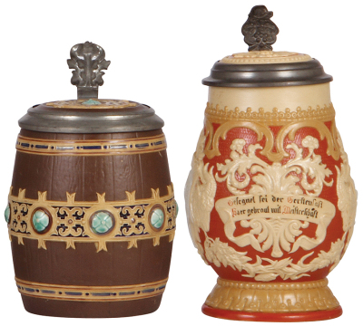 Two Mettlach steins, .5L, 1060, decorated relief, barrel, inlaid lid, mint; with, .5L, 817, relief, inlaid lid, mint.