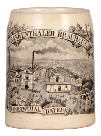 Mettlach stein, .5L, 1909, print-over-glaze, Frankenthaler Brauhaus, no lid, hairline crack on side.