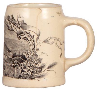 Mettlach stein, .5L, 1909, print-over-glaze, Frankenthaler Brauhaus, no lid, hairline crack on side. - 2