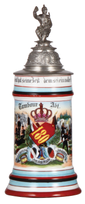 Regimental stein, .5L, 11.0'' ht., porcelain, 5. Comp., Inft. Regt. Nr. 180, Sch. Gmünd, 1904 - 1906, two side scenes, roster, Württemberg thumblift, named to: Tambour Abt., handle damaged.