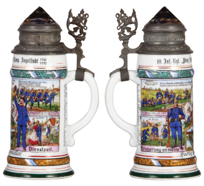 Regimental stein, .5L, 9.9" ht., porcelain, 12. Comp., bayr. Inft. Regt. Nr. 10, Ingolstadt, 1910 - 1912, four side scenes, roster, lion thumblift, named to: Georg Kemethmüller, prism lid, shallow chip on rear of prism, pewter tear at rear of lid is still - 2