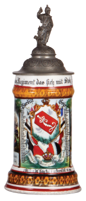 Regimental stein, .5L, 10.5" ht., porcelain, 8. Comp., Inft. Regt. Nr. 115, Darmstadt, 1898 - 1900, two side scenes, roster, lion thumblift, named to: Gardist Geÿer, faint 1" line on side above base.