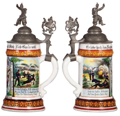 Regimental stein, .5L, 10.5" ht., porcelain, 8. Comp., Inft. Regt. Nr. 115, Darmstadt, 1898 - 1900, two side scenes, roster, lion thumblift, named to: Gardist Geÿer, faint 1" line on side above base. - 2