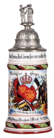 Regimental stein, .5L, 11.0" ht., porcelain, 2. Comp., Inft. Regt. Nr. 120, Ulm, 1903 - 1905, two side scenes, roster, sparrow thumblift, named to: Musketier Grees, some wear on lower red band, a few paint flakes.